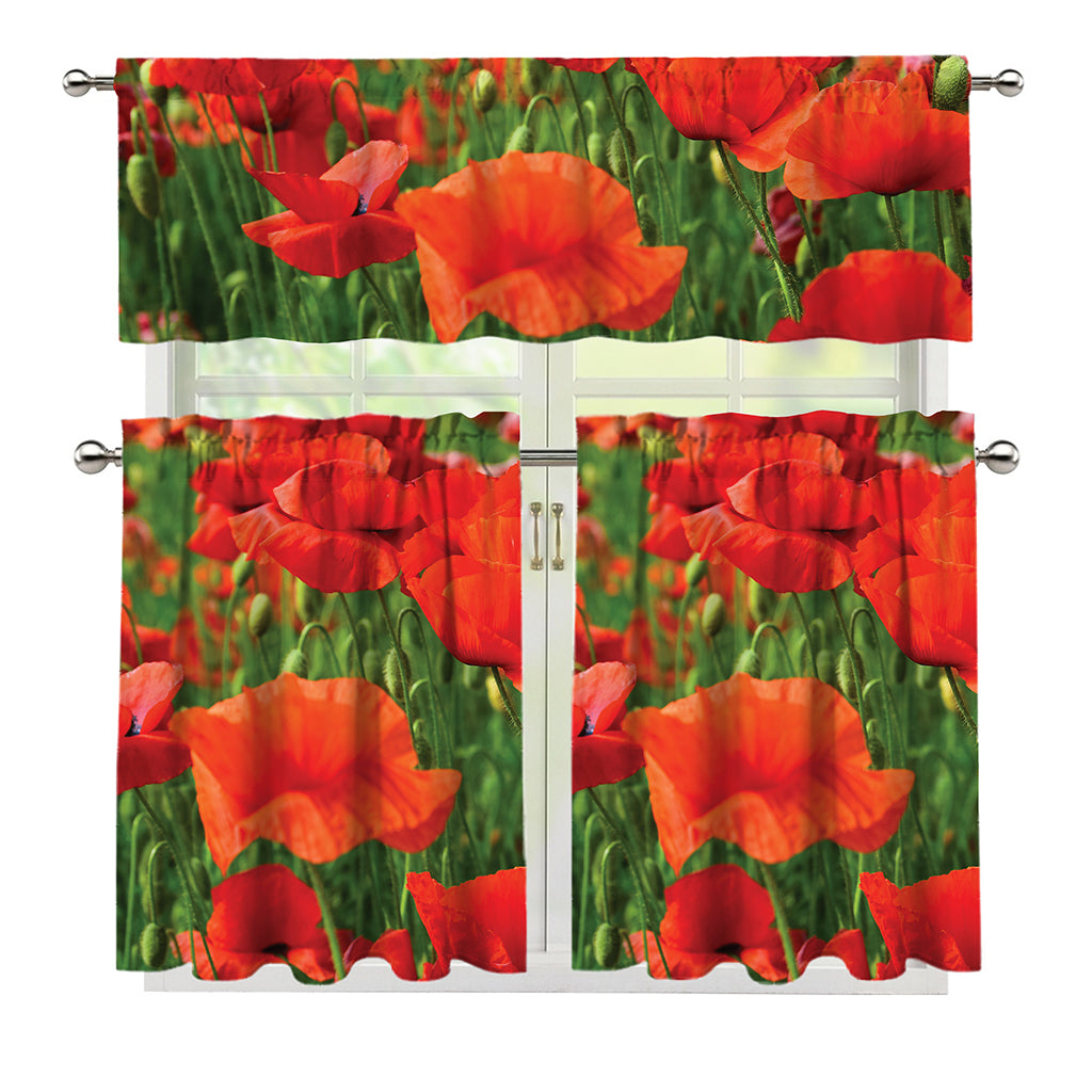 Remembrance Day Poppy Print 3 Piece Kitchen Curtains