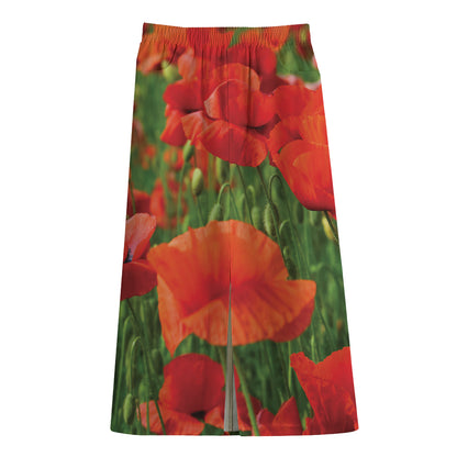 Remembrance Day Poppy Print Cotton Front Slit Maxi Skirt