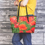 Remembrance Day Poppy Print Leather Tote Bag