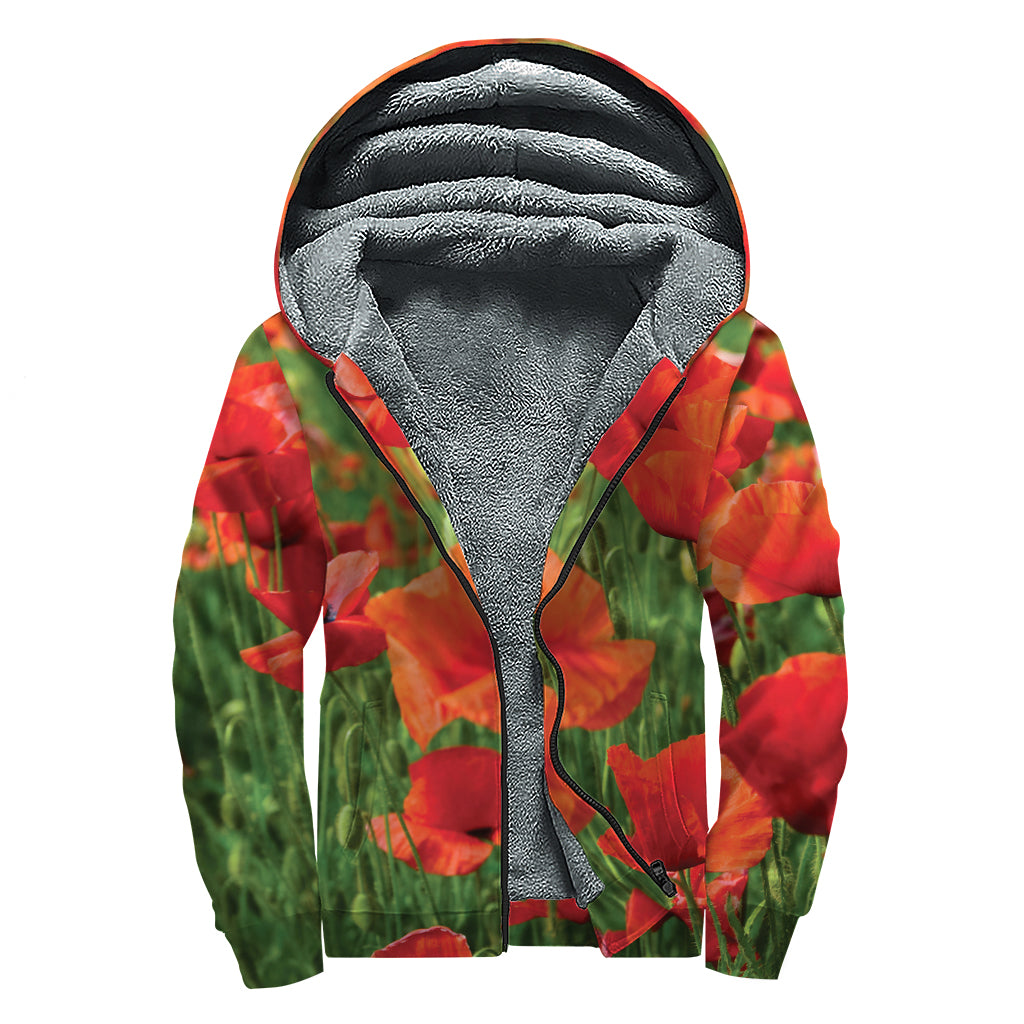 Remembrance Day Poppy Print Sherpa Lined Zip Up Hoodie