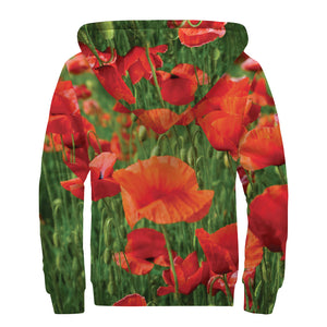 Remembrance Day Poppy Print Sherpa Lined Zip Up Hoodie