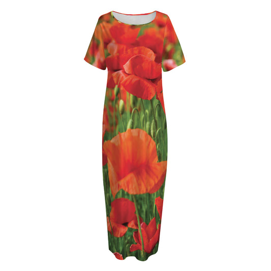 Remembrance Day Poppy Print Short Sleeve Long Nightdress