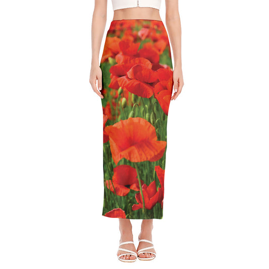Remembrance Day Poppy Print Side Slit Maxi Skirt