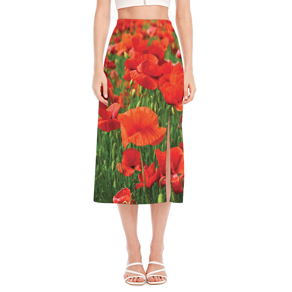 Remembrance Day Poppy Print Side Slit Midi Skirt