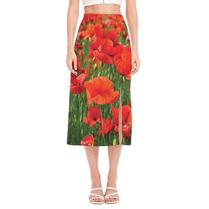 Remembrance Day Poppy Print Side Slit Midi Skirt