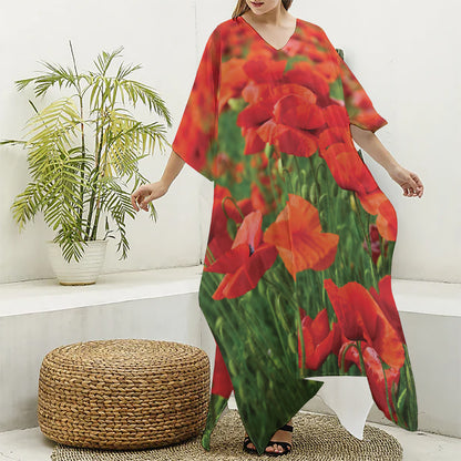 Remembrance Day Poppy Print Silk V-Neck Kaftan Dress