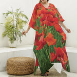 Remembrance Day Poppy Print Silk V-Neck Kaftan Dress