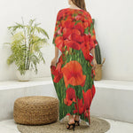 Remembrance Day Poppy Print Silk V-Neck Kaftan Dress