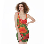 Remembrance Day Poppy Print Sleeveless Bodycon Dress