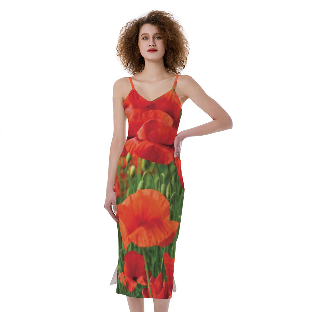 Remembrance Day Poppy Print Slim Fit Midi Cami Dress