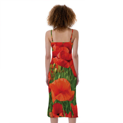 Remembrance Day Poppy Print Slim Fit Midi Cami Dress