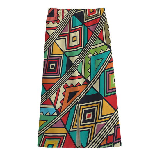 Retro African Ethnic Tribal Print Cotton Front Slit Maxi Skirt