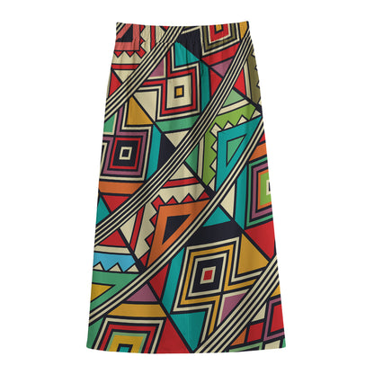 Retro African Ethnic Tribal Print Cotton Front Slit Maxi Skirt