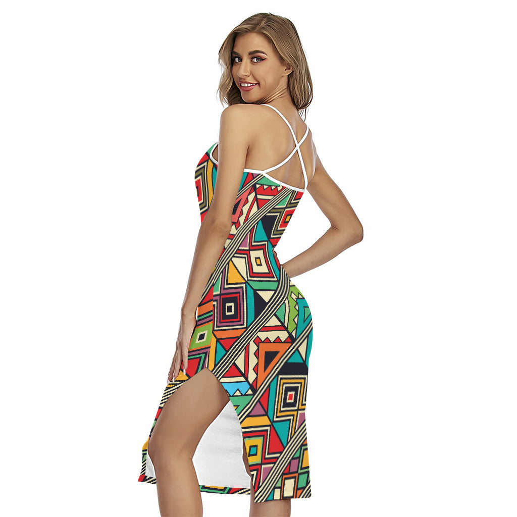 Retro African Ethnic Tribal Print Cross Back Cami Dress