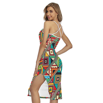 Retro African Ethnic Tribal Print Cross Back Cami Dress
