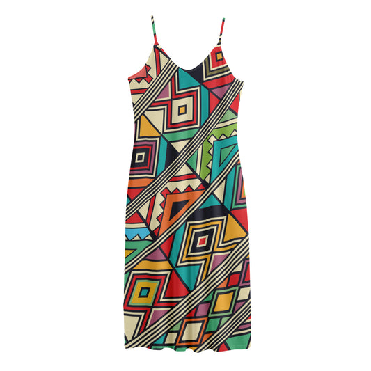 Retro African Ethnic Tribal Print Jersey Midi Cami Dress