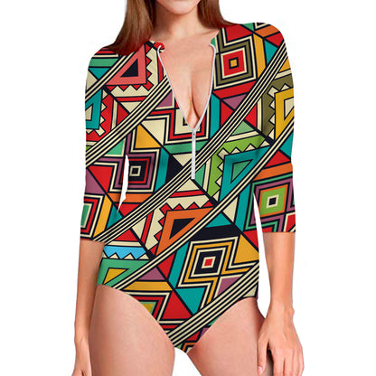 Retro African Ethnic Tribal Print Long Sleeve Swimsuit