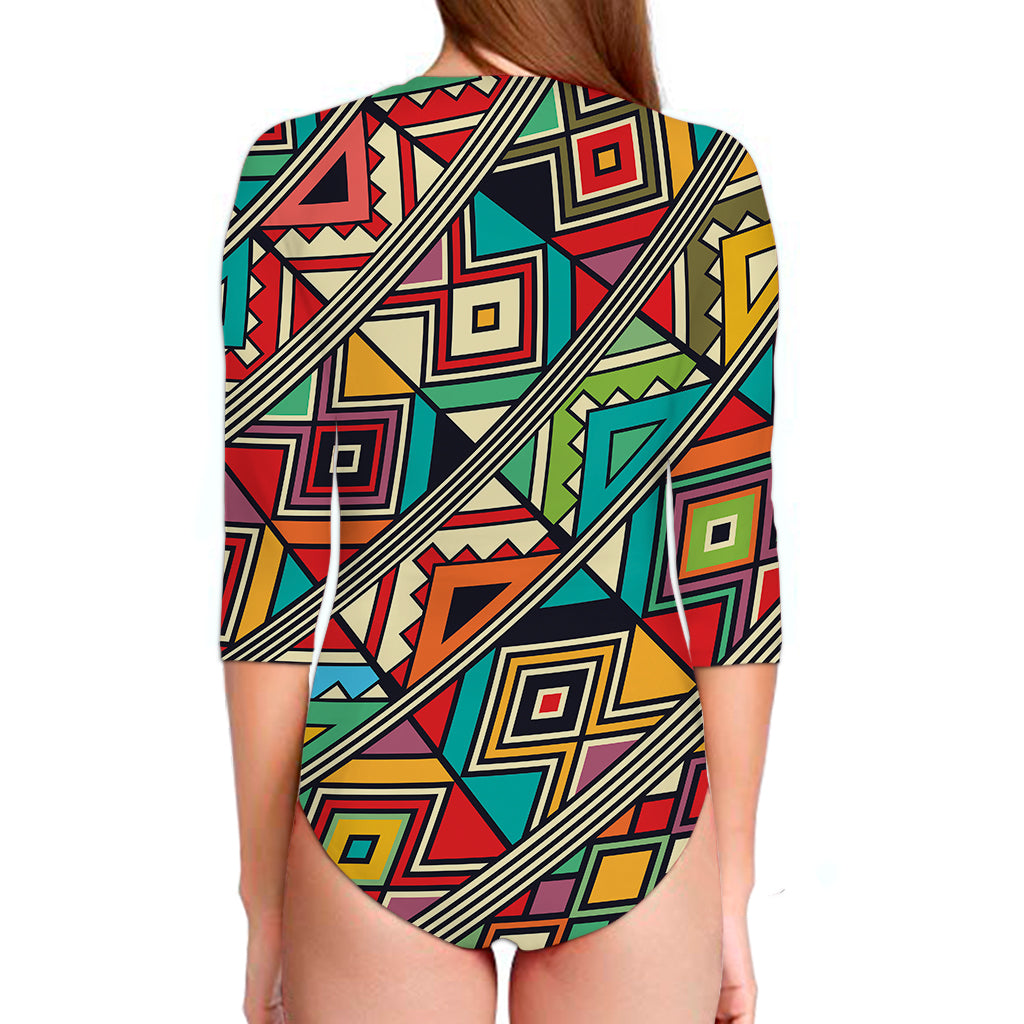 Retro African Ethnic Tribal Print Long Sleeve Swimsuit
