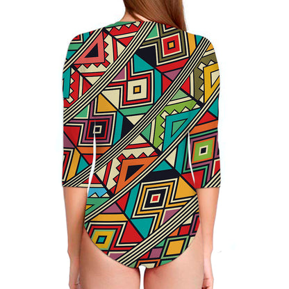 Retro African Ethnic Tribal Print Long Sleeve Swimsuit