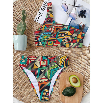 Retro African Ethnic Tribal Print One Shoulder Bikini Top
