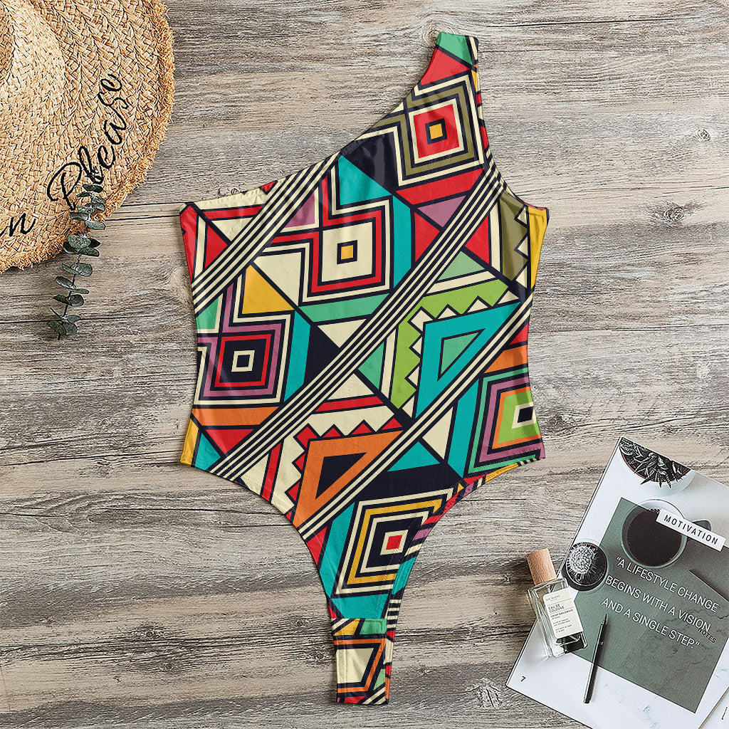 Retro African Ethnic Tribal Print One Shoulder Bodysuit