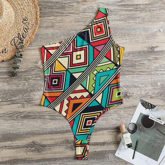 Retro African Ethnic Tribal Print One Shoulder Bodysuit