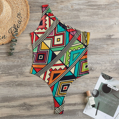 Retro African Ethnic Tribal Print One Shoulder Bodysuit