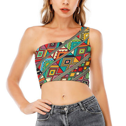 Retro African Ethnic Tribal Print One Shoulder Crop Top