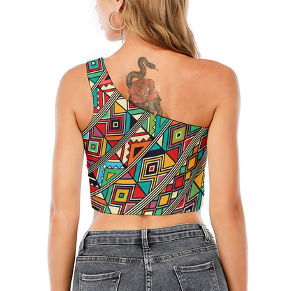 Retro African Ethnic Tribal Print One Shoulder Crop Top
