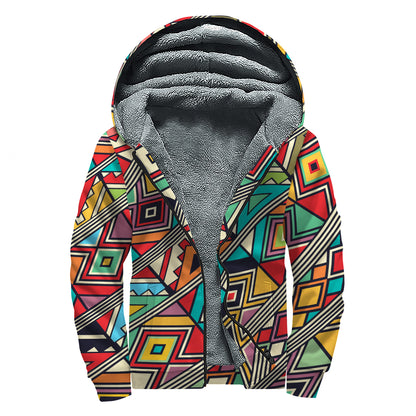 Retro African Ethnic Tribal Print Sherpa Lined Zip Up Hoodie