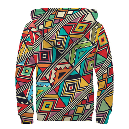 Retro African Ethnic Tribal Print Sherpa Lined Zip Up Hoodie