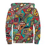 Retro African Ethnic Tribal Print Sherpa Lined Zip Up Hoodie