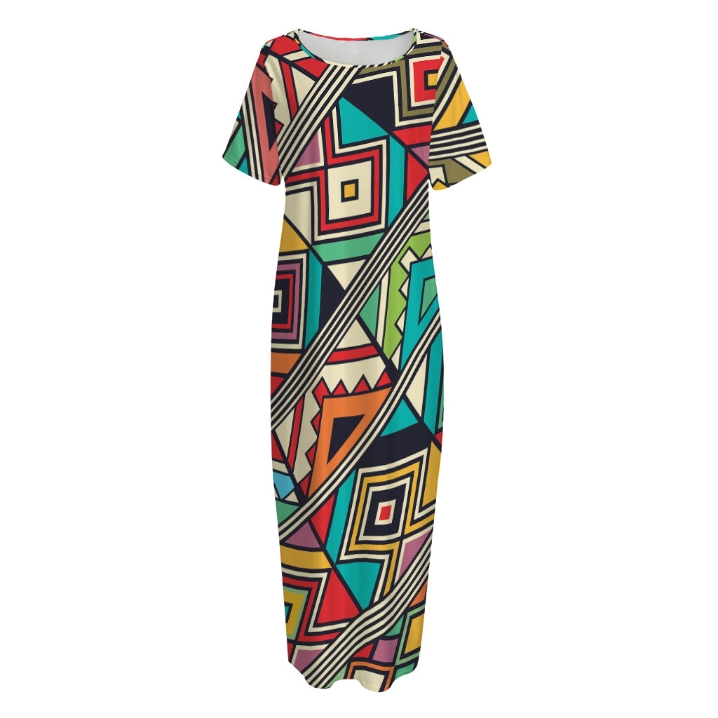 Retro African Ethnic Tribal Print Short Sleeve Long Nightdress