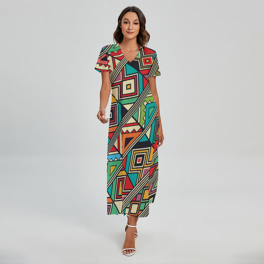 Retro African Ethnic Tribal Print Short Sleeve Maxi Dress