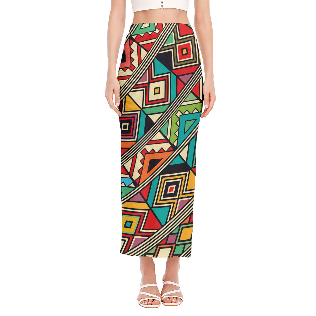 Retro African Ethnic Tribal Print Side Slit Maxi Skirt