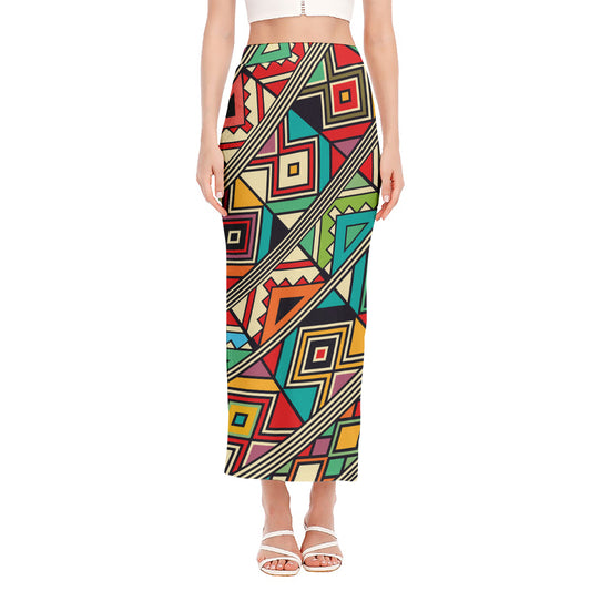 Retro African Ethnic Tribal Print Side Slit Maxi Skirt