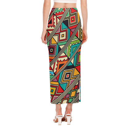 Retro African Ethnic Tribal Print Side Slit Maxi Skirt
