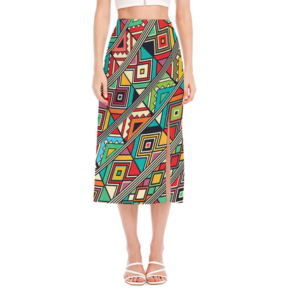 Retro African Ethnic Tribal Print Side Slit Midi Skirt