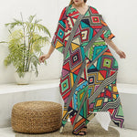Retro African Ethnic Tribal Print Silk V-Neck Kaftan Dress