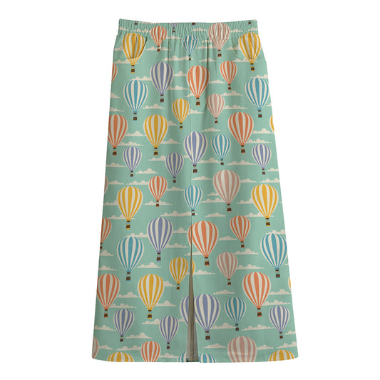 Retro Air Balloon Pattern Print Cotton Front Slit Maxi Skirt