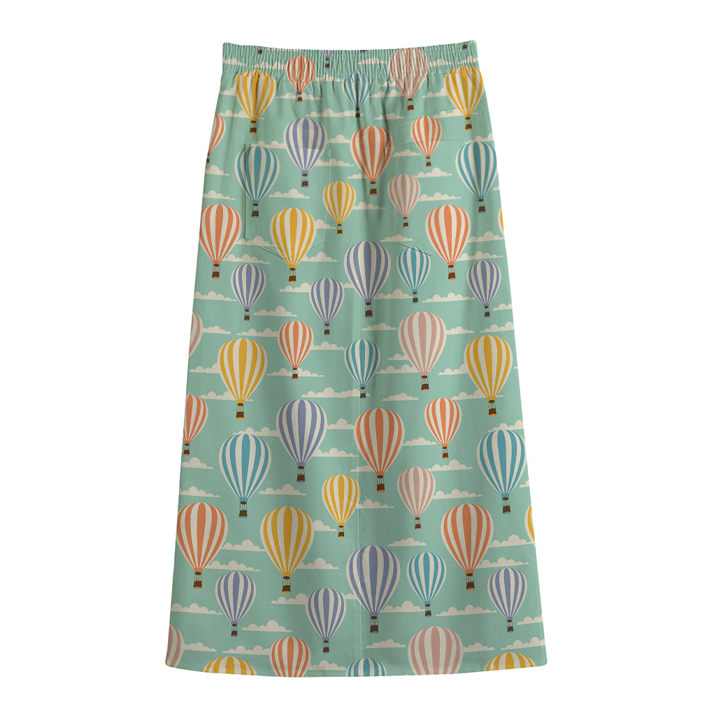 Retro Air Balloon Pattern Print Cotton Front Slit Maxi Skirt