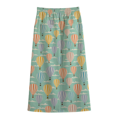 Retro Air Balloon Pattern Print Cotton Front Slit Maxi Skirt