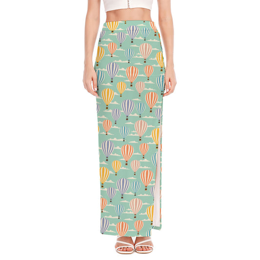 Retro Air Balloon Pattern Print High Slit Maxi Skirt