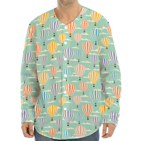 Retro Air Balloon Pattern Print Long Sleeve Baseball Jersey