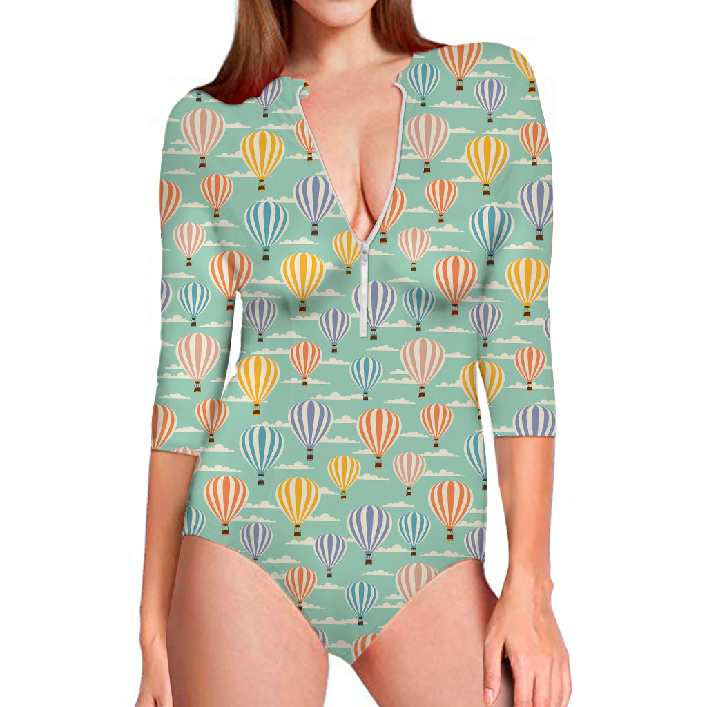 Retro Air Balloon Pattern Print Long Sleeve Swimsuit