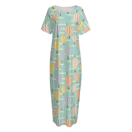 Retro Air Balloon Pattern Print Short Sleeve Long Nightdress
