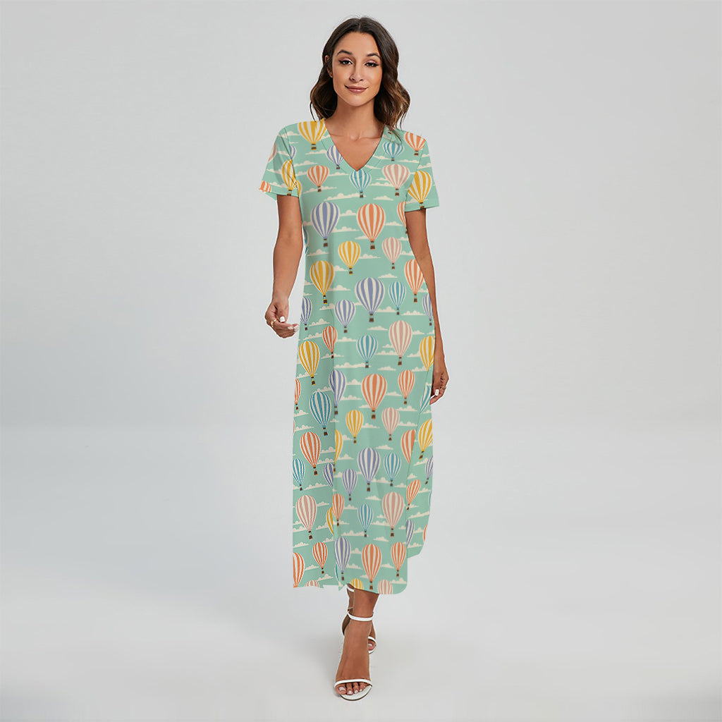 Retro Air Balloon Pattern Print Short Sleeve Maxi Dress