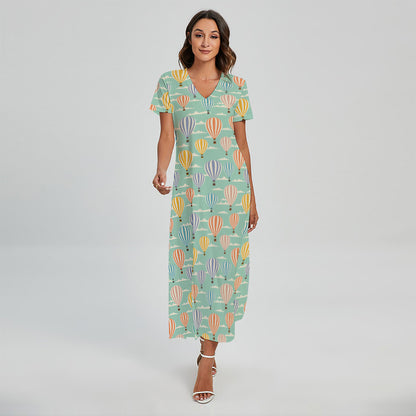 Retro Air Balloon Pattern Print Short Sleeve Maxi Dress
