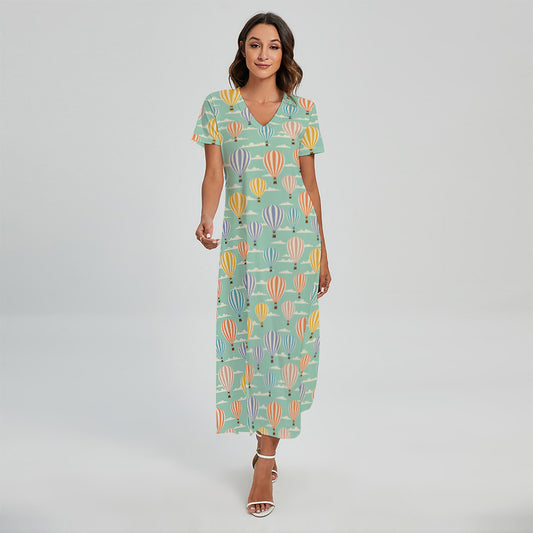 Retro Air Balloon Pattern Print Short Sleeve Maxi Dress
