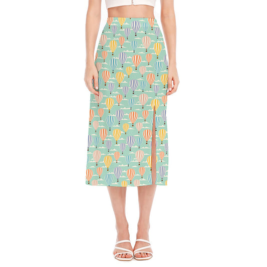 Retro Air Balloon Pattern Print Side Slit Midi Skirt